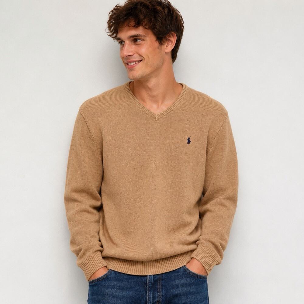 Polo Ralph Lauren Vintage Mens V-neck Tan Sweater Size XL 100% Cotton